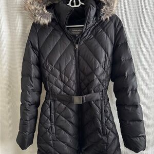 Black Quilted Women's Coat with Fur Hood